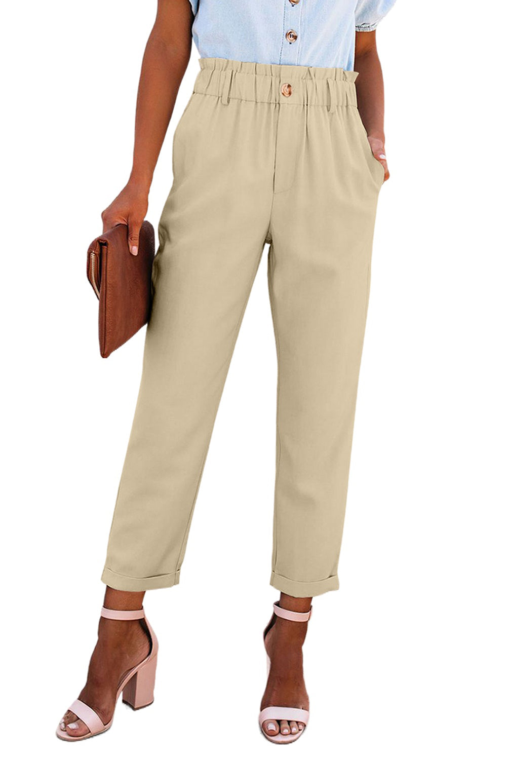 Beige Casual Frill Paper Bag Pocket High Rise Pants