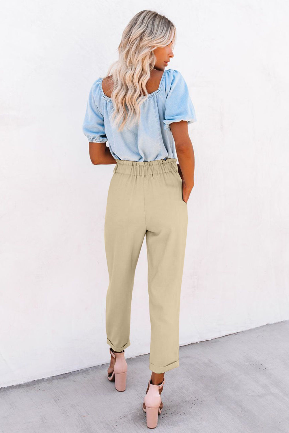 Beige Casual Frill Paper Bag Pocket High Rise Pants