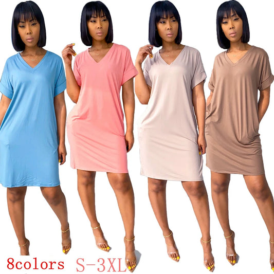2022 V-neck pocket solid color short-sleeved dress 8 colors casual loose T-shirt dresses for women fashion street wear in summer-fashion-debrra-.com